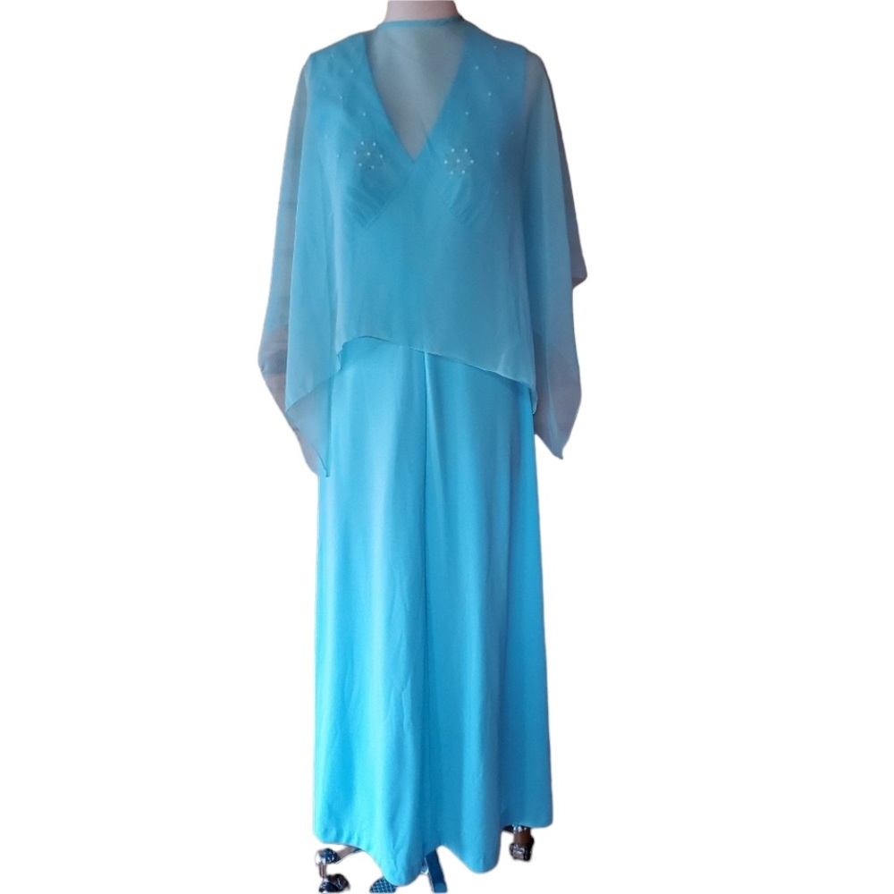 1970s Unlabeled Blue‎ Beaded Gown & Sheer Cape